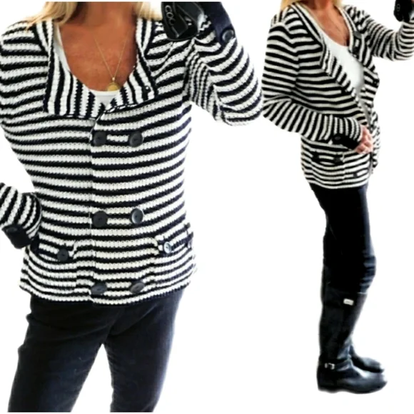 Talbots Womens Blk & White Stripe Knit Double Brested Casual Sweater Jacket Sz S - Picture 1 of 9
